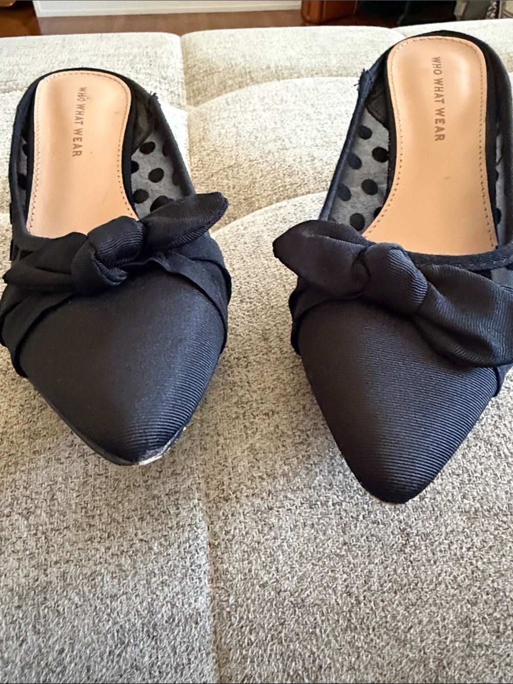 Who What Wear Black Polka Dot Mesh Bow Kitten Heel Mules Size 6.5 Pointed Toe - Picture 3 of 10